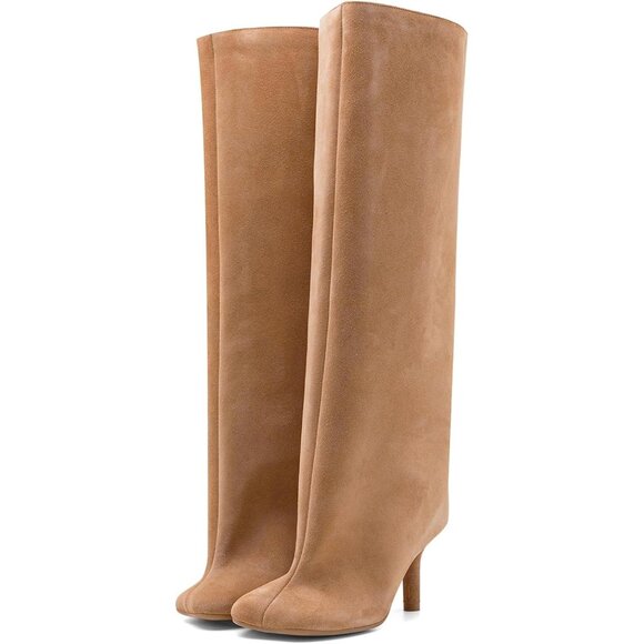 Women's Nude Knee High Suede Boots Wide Calf Square Toe Stiletto Heels